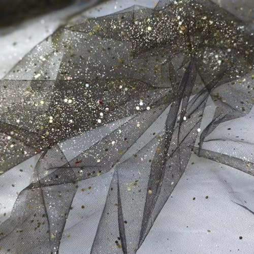 150cm * 1m Deko-Stoff Kostümstoff Sparkly Pailletten Stoffe Netzstoff zum Dekorieren Basteln Hauch Zart Durchsichtig Glitzer Garn Tüll Deko Stoffe für DIY handgemachte Kleidung Hochzeit-Schwarz Gold