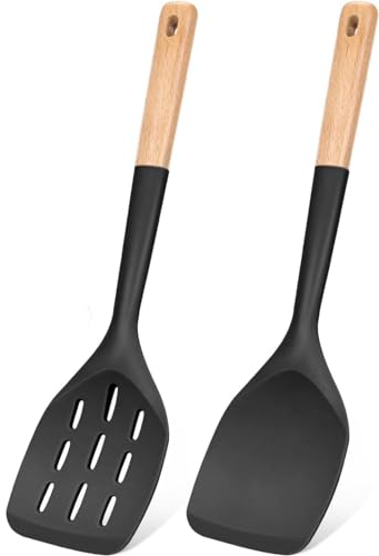 Pack of 2 Silicone Cooking Spatula, Heat Resistant Solid Turner, Non Stick Slotted Spatulas with Wooden Short Handle,Ideal Wood Kitchen Utensils Set for Frying, Baking, Flipping, Turning