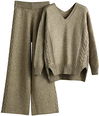 Briskorry Strick Set Damen Warm Kuschelig Zweiteiler Lounge Langarm Oberteil Weites Bein Hose Elegant Outdoor Jogginganzug Herbst Strickanzug Hausanzug Loungewear