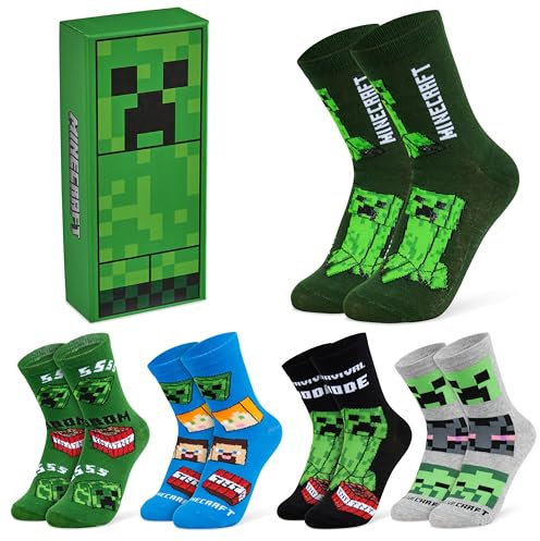 Minecraft Socken Jungen mit Motiv, Gamer Geschenke für Kinder & Teenager, Multipack(Grünes Quadrat - 5er-Pack,EU 35-40)