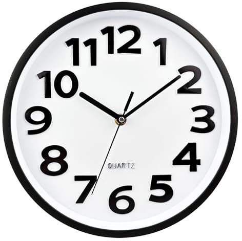Plumeet 25cm Kleine Wanduhr, Nicht tickende Stille Quarz Dekorative Uhren, Moderner Stil Gut für Wohnküche Wohnzimmer Schlafzimmer Büro, Große 3D-Nummer Anzeige, batteriebetrieben (Weiß)