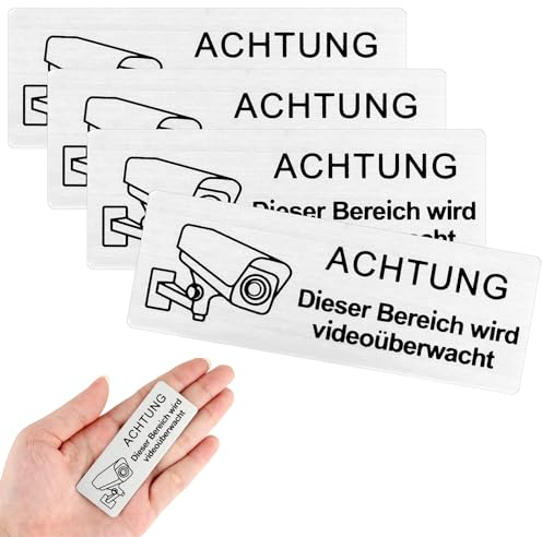 simarro Videoüberwachung Schild, Selbstklebend Aluminium Achtung VideoüBerwachung Schild 85mm×30mm Klein Aufkleber Videoüberwachung Achtung Privatgrundstück(4 Stück Silber)
