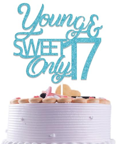 Qxcv Light Blue Glitter Young & Sweet Only 17 Cake Topper, 17th Birthday Party Decorations, 1 Pieces