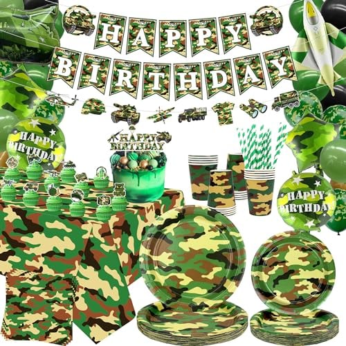 Camouflage-Geburtstagsparty-Zubehör, Armee-Party-Dekoration, Teller, Becher, Servietten, Camouflage-Tischdecke, Happy Birthday-Hintergrund, Luftballons für Jungen, Camouflage, Jagd,