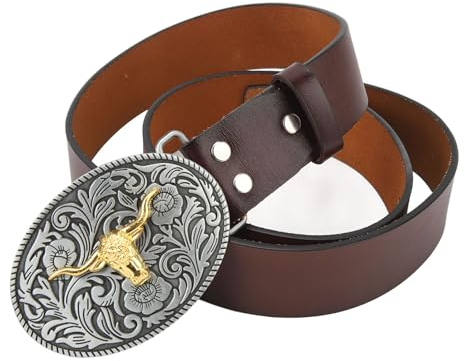 POENVFPO Herren-Cowboy-Ledergürtel, Verstellbare Retro-Vintage-Gürtel mit Long Horn Bull-Schnalle (115cm)