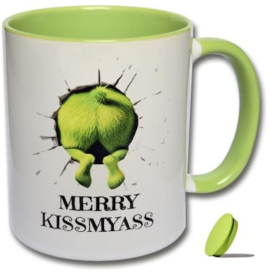 Lustige Tasse mit Deckel MERRY KISSMYASS Glühweintasse Weihnachten, Tasse Büro, Tasse mit Weihnachtsmotiv (A: Grün-Weiße Tasse inkl. grünem Tassendeckel)