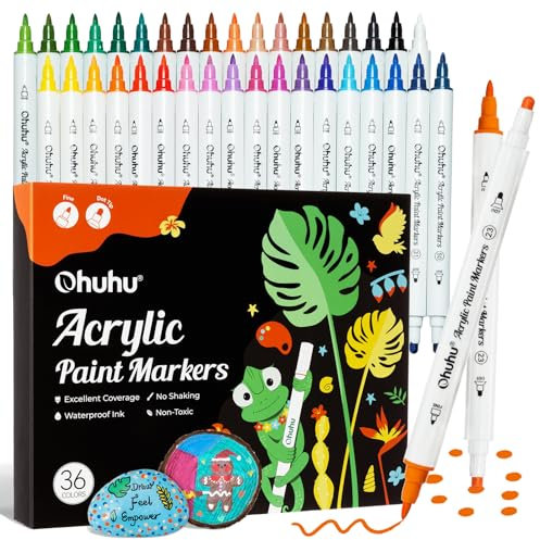 Ohuhu Acrylstifte, 36 Farben Acrylic Marker mit zwei Spitzen (Fein und Punkt) - Wasserfest, Lichtechte, hoher Deckkraft Acrylstifte Set für Steine Bemalen, Ostereier, Holz, Glas, Keramik, Leinwand