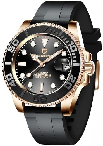 CADISEN Pagani Design Uhr für Herren Automatik NH35 Mechanisch 100M Wasserdicht Edelstahl Saphirglas Yacht Armbanduhr Drehbare Lünette 100 Meter Wasserdicht Automatikuhr PD-1651, (Gummi Gold Schwarz)