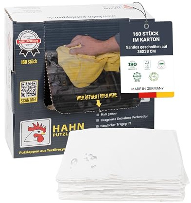 Hahn Putzlappen® Baumwolle Weiß [160 Stück] – Nahtlos zugeschnitten 38x38 cm – Langlebig zum reinigen von empfindlichen Oberflächen, Elektronik, Haushalt & Autopflege – 100% Recycling, Made in DE