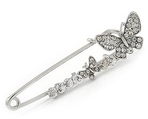 Broche en forme de double papillon en cristal transparent - Argenté - 65 mm de long
