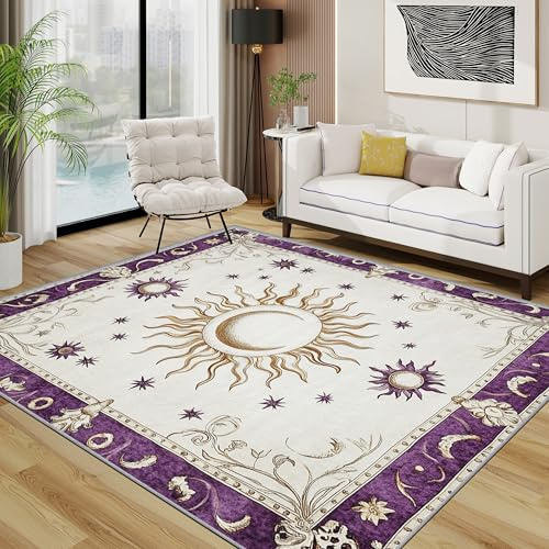 TerroVee Celestial Waschbarer Teppich, Sonne Stern Luxus Teppich 100x200 cm, Lila Gold Kurzflor rutschfest Teppiche Für Schlafzimmer Wohnzimmer, Lila Gold