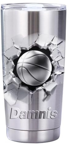 GOOBRRL Gobelet de basket personnalisé avec couvercle et nom personnalisé, tasse de sport isotherme en acier inoxydable, tasse voyage, cadeau pour joueur basket, amateur sport, papa, anniversaire