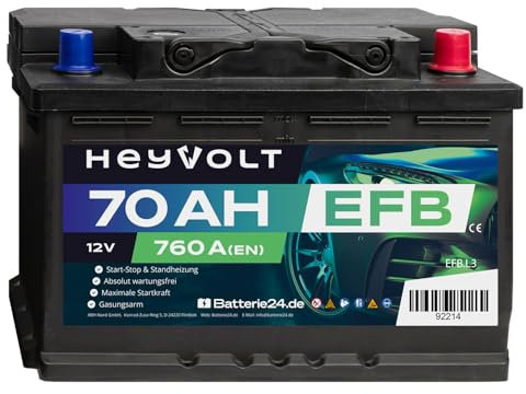 HeyVolt EFB Autobatterie 12V 70Ah 760A Hochleistungs-Blei-Säure-Batterie, Start-Stop geeignet, Langlebig, Kompatibel mit PKW