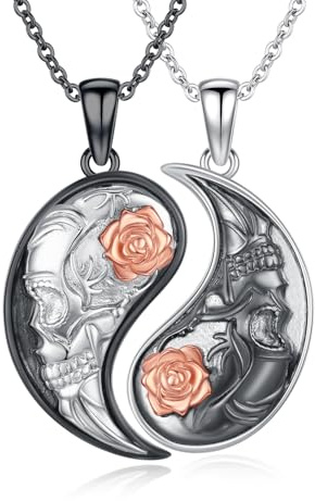 ZIPPICE Yin Yang Halskette 925 Sterling Silber Yin Yang Totenkopf Anhänger Kette Partnerkette für Sie und Ihn Freundschaftskette Gothic Schmuck Geschenke für Damen Herren Couple