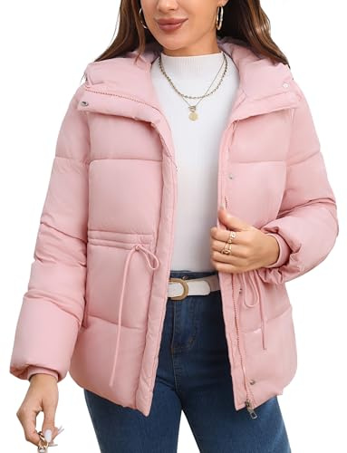 Maeau Manteau Court Capuche Femme Zippé et Bouton-pression Vest Hiver M-3XL | Ajustable Taille Cordon, avec Poche, Duvet Coton, Cordon Serrage, Chaude Manteau Neige Quotidien, Doublure Polaire