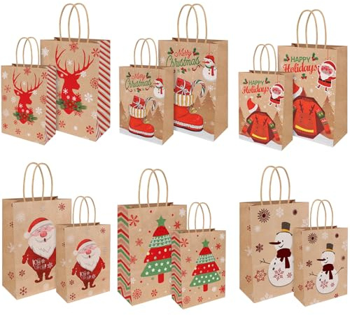 Behiruch Geschenktüten Weihnachten, 12 Stück Weihnachtstüten Papiertüten | mit Griff Personalisierte Weihnachtstüten, Weihnachts Kraft Geschenktüten für Partyzubehör, Geschenken (6 Groß, 6 Kleine)