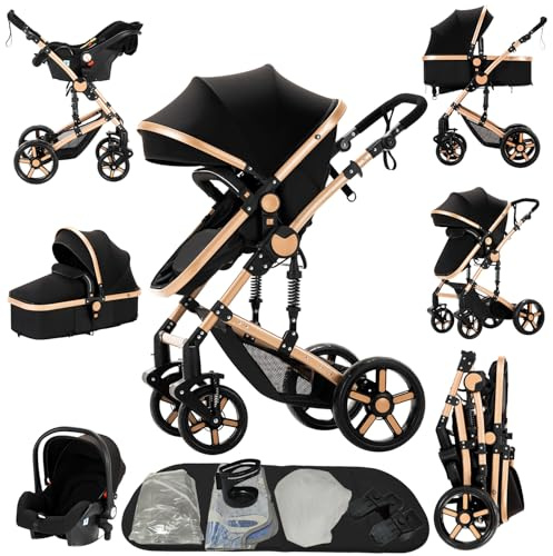 Aveainelle 3 in 1 Kinderwagen, Liege- und Wendbarer Reisesysteme Buggy, 3-teiliger One-Click-Klappkinderwagen, Babywagen mit Komplettem Zubehör und Doppelbremsen (588 Black Gold)