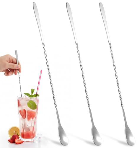 3PCS Bar Spoon, 12 Inch Stainless Steel Stirring Spoons for Drink, Long Spoon for Dirty Soda Bar Supplies, Professional Cocktail Spoons Coffee Bars Cocktail Accessories - Silver