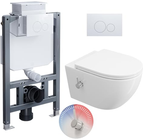 HOROW WC doccia con cassetta di risciacquo a incasso, set completo WC con elemento a parete anteriore con placca di comando, WC sospeso senza bordo con ugello integrato, WC doccia con rivestimento