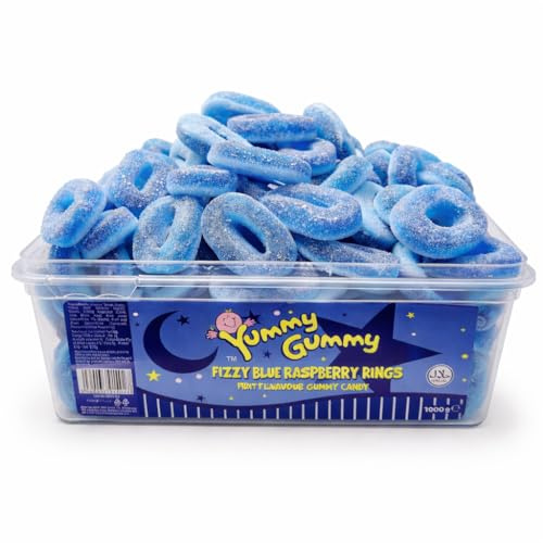 Yummy Gummy Fizzy Blue Raspberry Rings 1kg Tub – Sour Sugar Coated Gummy Candy, Blue Raspberry Flavour Sweets, Halal Friendly Bulk Share Tub for Parties, Pick & Mix, Gifts