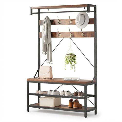 RBFGYIOP Scaffale Ingresso Con Gancio E Panchina, Mobile Contenitore Moderno In Legno Con 5 Ripiani Per Soggiorno Camera Da Letto, 183 cm H x 101.6 cm L