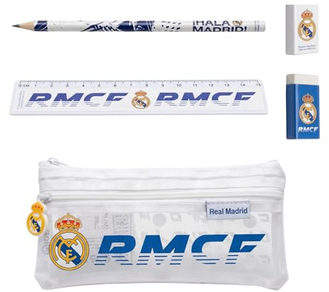 Real Madrid CF Juego de Papelería para Niños, Incluye Regla Lapiz Sacapuntas Borrador y Estuche, Regalo para Niños