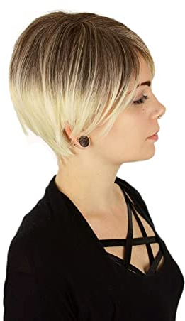 Prettyland Damen Herren Hell-blond Kurz-haar Glatt Pixie Perücke Gestuft Ombré Strähnen Wig Alltag C1352