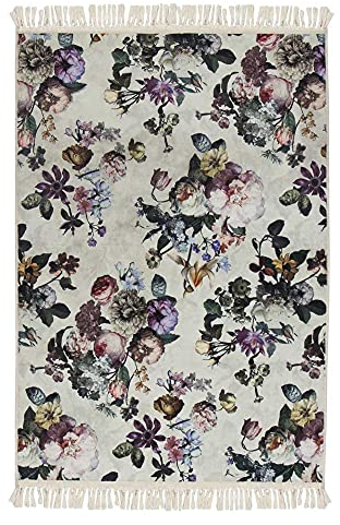 Essenza Teppich Fleur Ecru Weiß Blumen Blüten Fransen Weich Dunkelblau Velours, Größe Teppich:120x180 cm