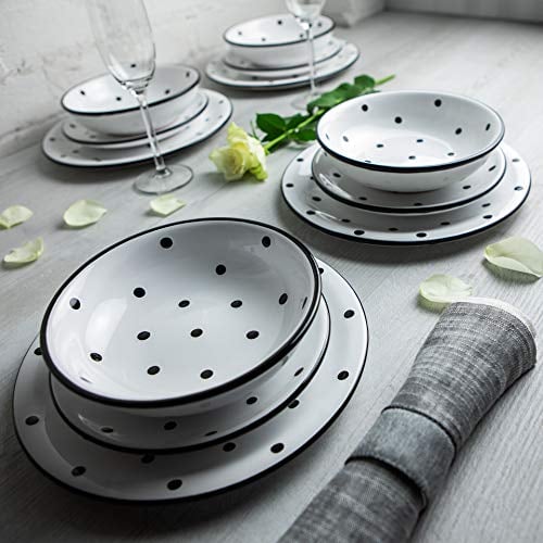 City to Cottage® Set de 12 piezas de Vajilla de Cerámica Pintada a Mano en Blanco y Negro | Vajilla con Diseño de Lunares para 4 | Plato Grande | Plato Pequeño | Plato Hondo