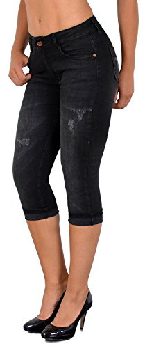 ESRA Damen Capri Jeans Hose Damen Caprihose Kurze Jeans mit Blumenstickerei 3/4 Hose bis Übergröße J374