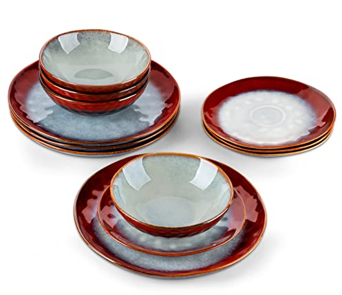 vancasso Starry Red Dinner Sets, Reactive Glaze Plates and Bowls Set, 12-Piece Crockery Set with 11in Dinner Plate, 8in Dessert Plate and 750ml Bowl, Service for 4