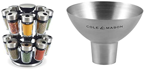 Cole & Mason H121808 Cambridge Gewürzregal mit 16 Gewürzgläsern, 360 Gewürzkarussell/Gewürzregal Stehend, Edelstahl/Glas, 2 Jahre Garantie & CH611928CS Trichter Salz und Pfeffer