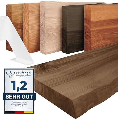 LAMO Manufaktur Wandregal Holz Baumkante | Regal Farbe: Nussbaum | mit weißem Vintage Regalträger | 160 cm