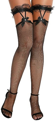 RSLOVE Mujeres Medias de Red Lazo Muslo Alto Hold Ups Negro Una Talla