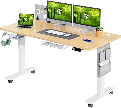 MAIDeSITe Electric Standing Desk Height Adjustable Standing Desk Sit Stand Desk Stand Up Desk with Drawer and 140 * 70cm Desktop for Home Office, White Frame+ Oak Desktop