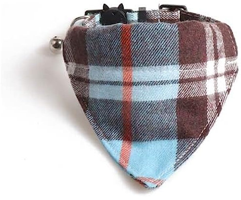 Luxury Cat Collars with Bow Tie and Bell | Safe Quick Release Breakaway Buckle (Blue & Brown Chequered Bandana)