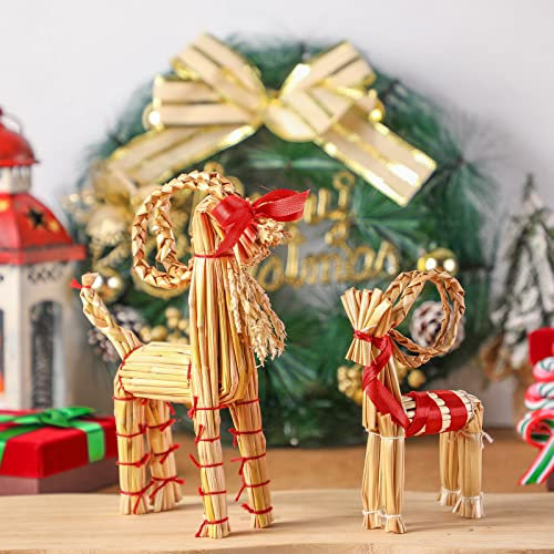 2 Stück Weihnachts-Stroh-Ornamente aus Stroh, Ziege, 19,8 cm und 15,2 cm, skandinavische Weihnachtsdekoration, Julbock, schwedische Tradition für Weihnachten, Party, Outdoor, Innenbereich, Urlaub,