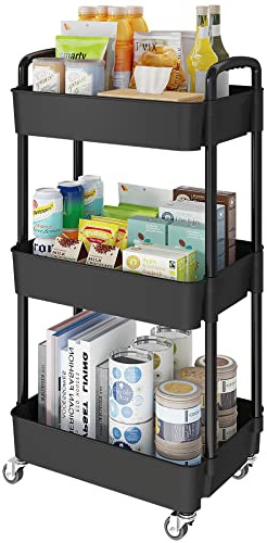 Laiensia 3-Tier Storage Carts,Multifunction Utility Rolling Cart Kitchen Storage Organizer,Mobile Shelving Unit Cart with Lockable Wheels for Bathroom,Laundry,Living Room,With Classified Sticker,Black