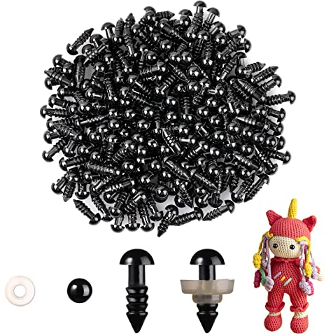 MUCUNNIA 200 Stück 6 mm Sicherheitsaugen für Häkeltiere mit Unterlegscheiben Amigurumi Augen für Häkeltiere Kunststoff Schwarz Sicherheitsaugen zum Häkeln Basteln Sicherheitsaugen für DIY Häkeln