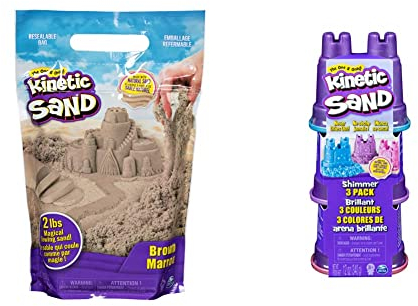 Kinetic Sand Beutel naturbraun, 907 g - magischer Indoor-Spielsand aus Schweden, ab 3 Jahren & Schimmer Sand 3er Pack 340 g - 3 Farben Glitzersand aus Schweden für Indoor Sandspiel, ab 3 Jahren