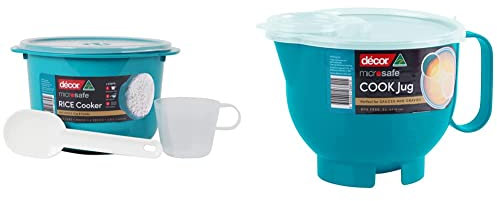 Décor Microsafe Microwave Rice Cooker & Vegetable Steamer 2.75L & Decor Microwave Safe Plastic Jug/Saucepan with Lid | Microwaveable Bowl with Handle | Large Gravy Jug Teal 2000ml - Teal