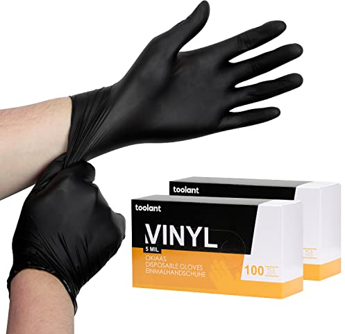OKIAAS Black Gloves Medium, Vinyl Gloves Latex Free, 5 mil, 200 Count, for Food Prep, Household Cleaning, Hair Dye, Tattoo