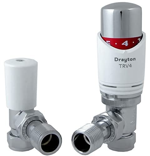 Drayton TRV4 Classic Thermostatic Radiator Valve and Lockshield Angled 15mm White and Chrome TRV Thermostat 07 05 180