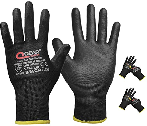QEARSAFETY 2 Pairs Cut 5 Work Safety Gloves, Thin PU Palm Coated, Blade Cut, Sharp Edge Cut Risk Protect, Dexterity, Comfort, Grip (L)