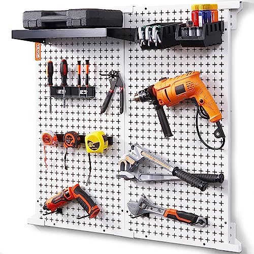 VEVOR Organiseur Mural en Panneau Perforé Garage 814x814 mm Charge 150 kg Support Mural Métal Kit Rangement d'Outils 25PCS avec 2 Panneaux Perforés, Crochets, Bacs de Rangement pour Entrepôt, Magasin