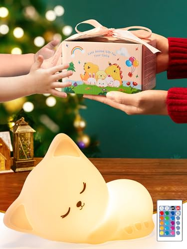 Nachtlicht Kinder Nachtlicht Baby, 16 RGB Farben+Fernsteuerung+USB Wiederaufladbar Stilllicht Dimmbar Nachtlampe Kinderzimmer,Kinder Nachtlicht Dimmbar Nachtlicht Mädchen Stilllicht Dimmbar Katze Deko