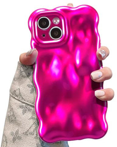 UEEBAI Case for iPhone 15 Plus 6.7 inch, Cute Solid Color Curly Wave Shape Shockproof Soft TPU Bumper Phone Case, Oil Flower Water Ripple 3D Silicone Slim Pretty Case Non-yellowing Cover, Hot Pink