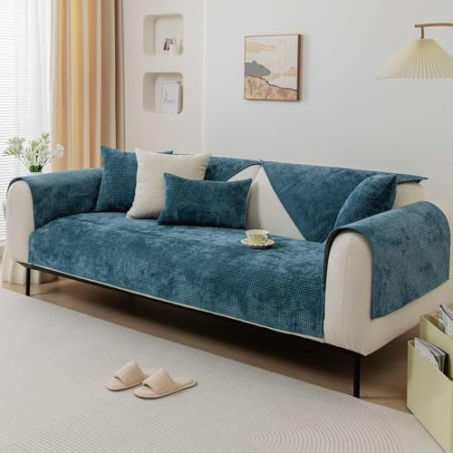 Furniture Cover Chenille Sofa Slipcovers 1/2/3/4 Seater, Couch Slipcover, Sectional Couch Covers L Shape, Universal Sofa Covers, Anti-Wrinkle, Furniture Cover Design (Color : Peacock Blue, Size : 90