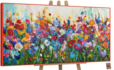 YS-Art Abstrakt Acryl Gemälde auf Leinwand Blumige Farben handgemalt Wandbilder Wohnzimmer modern Wohndekor Bild Blumen Weide Wiese bunt echte Kunst 120x60 cm