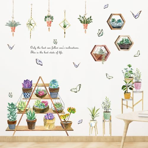 CAREDGO 4 PCS Stickers Muraux, Fenetre Plante en Pot Anti-Collision, Fleurs Feuilles Papillon, Mural Plante Tropicale, Décoration pour Chambre Salon Bureau